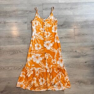 Roxy Sundress Medium‎ M Orange White Floral Print Midi Casual Button Front